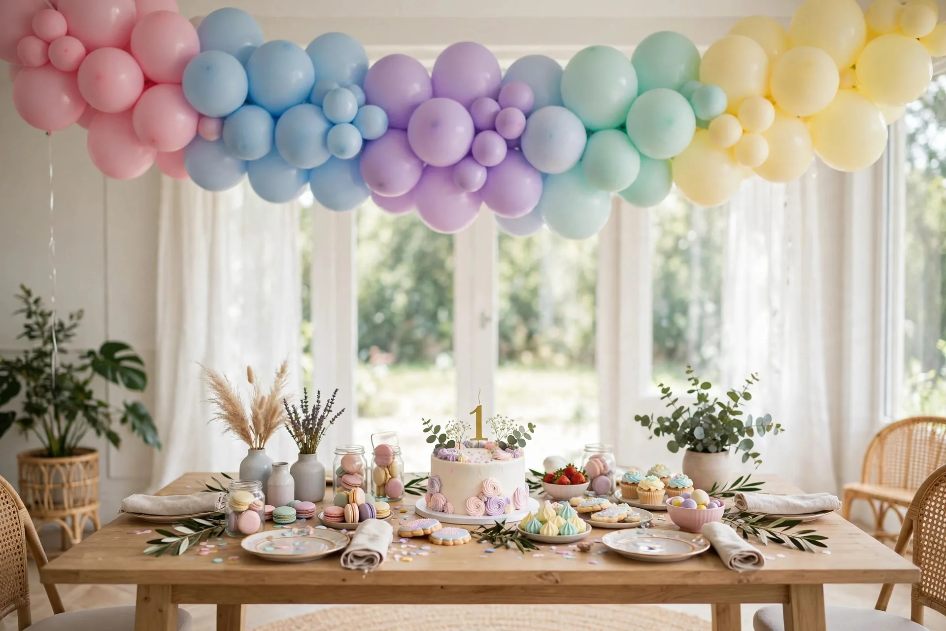 Pastel rainbow balloon arch in pink blue lavender mint and yellow over a first birthday dessert table