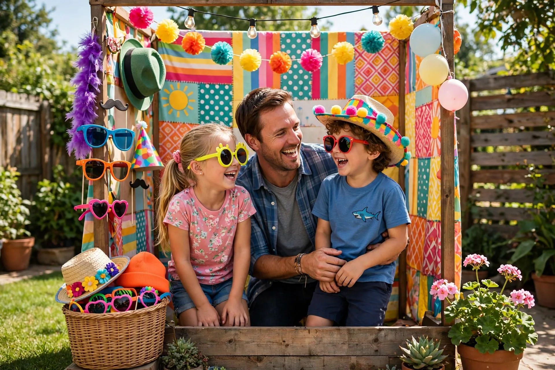 A backyard photo booth with a colorful backdrop and silly props, Dad and kids posing and laughing