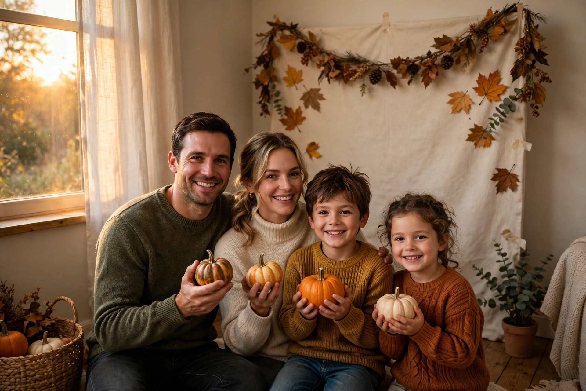 Family posing at a DIY Thanksgiving photo station with autumn leaves