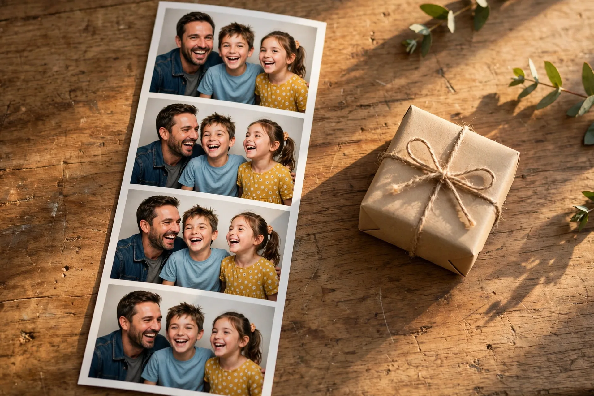 A strip of photo booth style prints of Dad and his two kids laughing on a wooden table