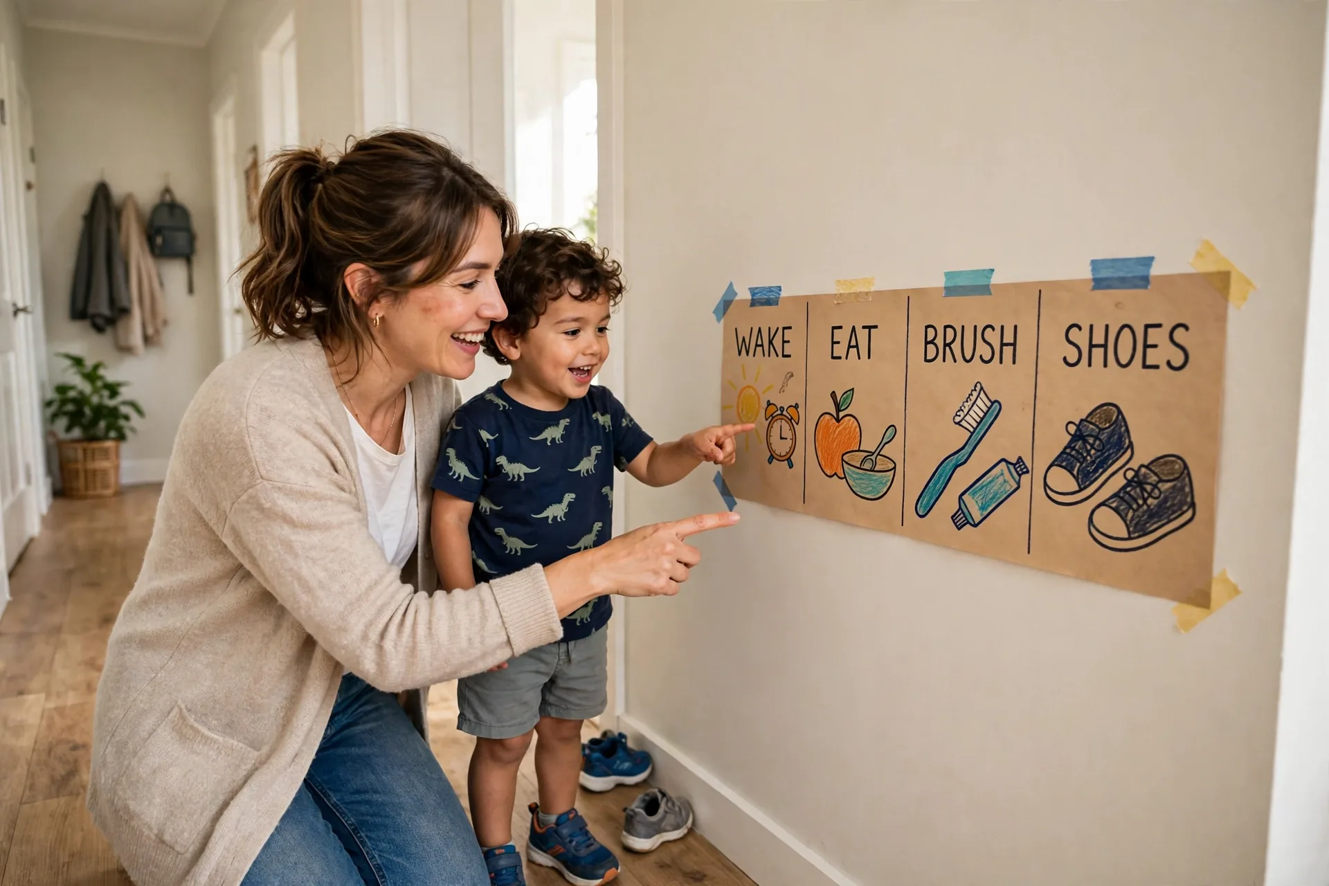 A picture routine chart on the wall at toddler height with morning steps