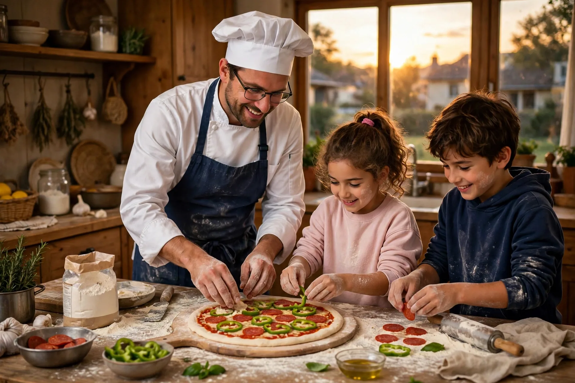 A dad as head chef making homemade pizza with two kids at a kitchen counter, flour on hands