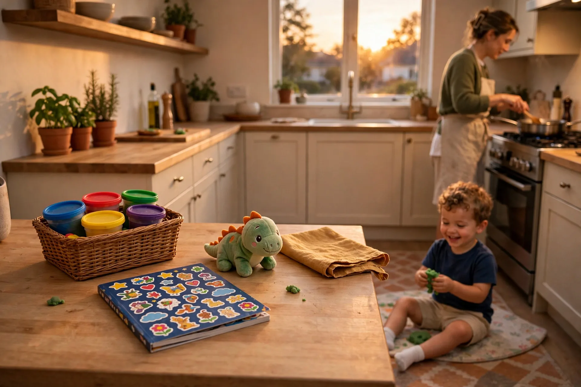 A small bin of playdough tubs, a sticker book and one special toy on a kitchen counter while mom cooks
