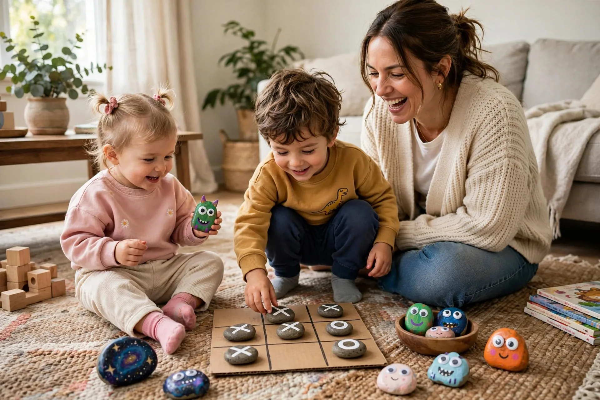Kids playing tic-tac-toe with painted X and O rocks, with monster rocks and a galaxy rock nearby