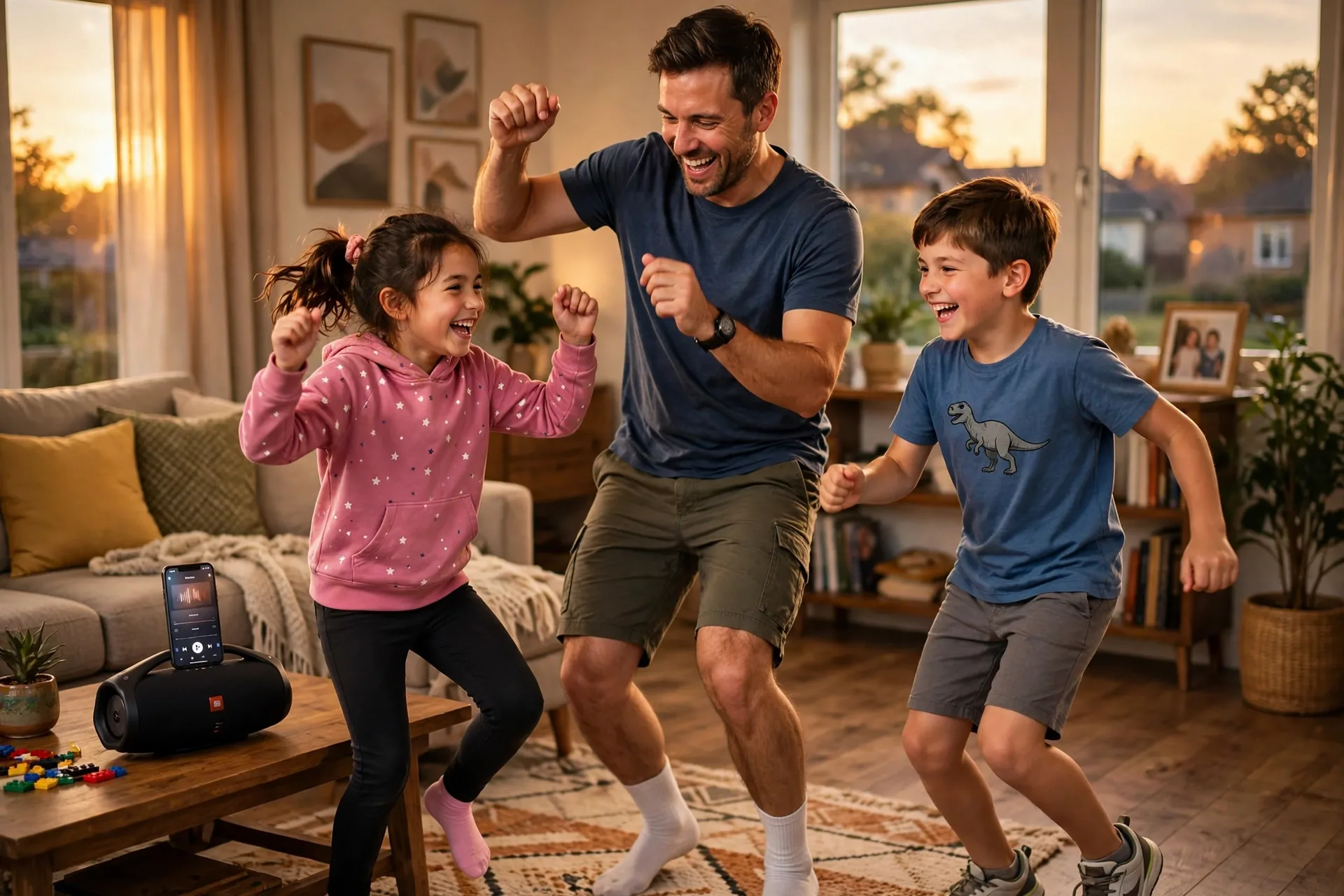 A dad and two kids having a dance party in a living room, everyone mid-dance and laughing