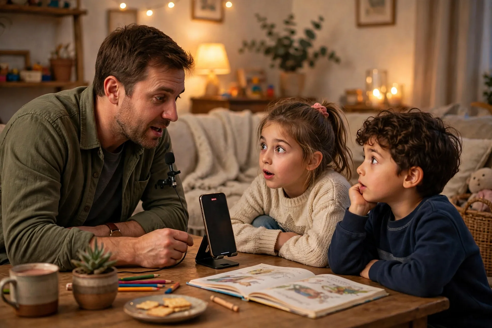 A dad telling a story into a small microphone while two kids listen wide-eyed