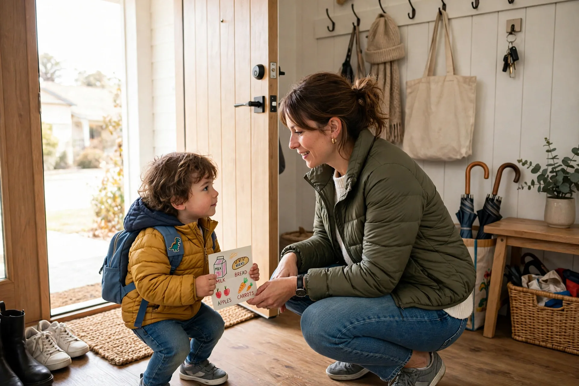 Mom crouching at the front door previewing the plan with her toddler