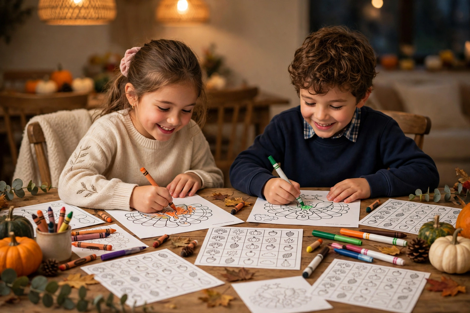 Kids' table covered with Thanksgiving printables &mdash; bingo cards and coloring pages
