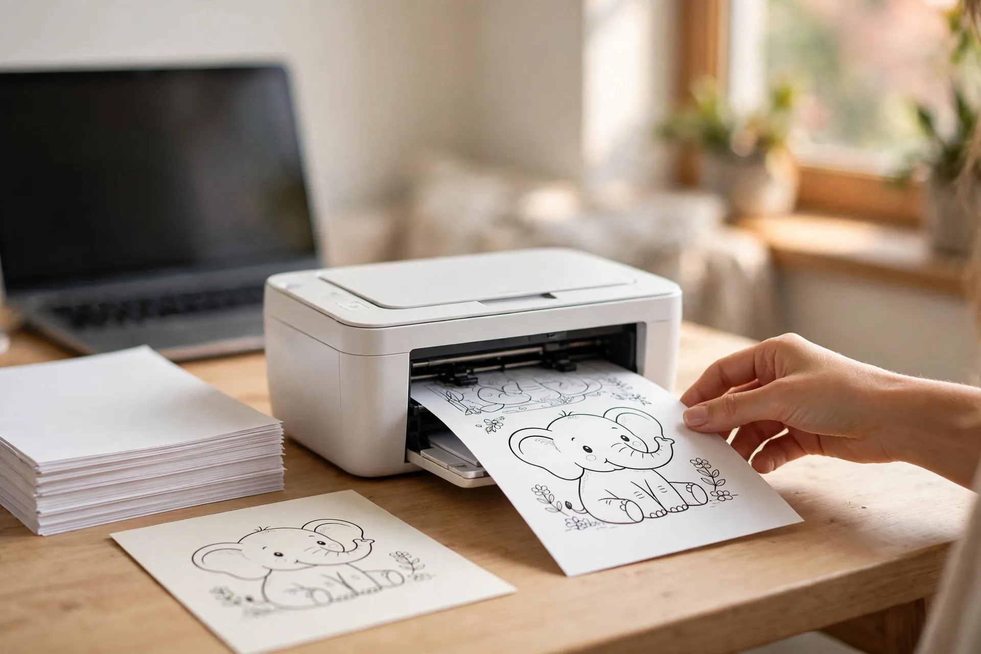 Home printer printing an elephant coloring page with a stack of letter paper and cardstock beside it