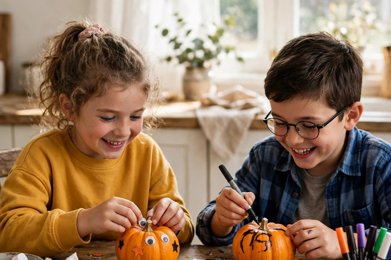 Kids decorating mini pumpkins with stickers and googly eyes &mdash; a no-carve Halloween activity