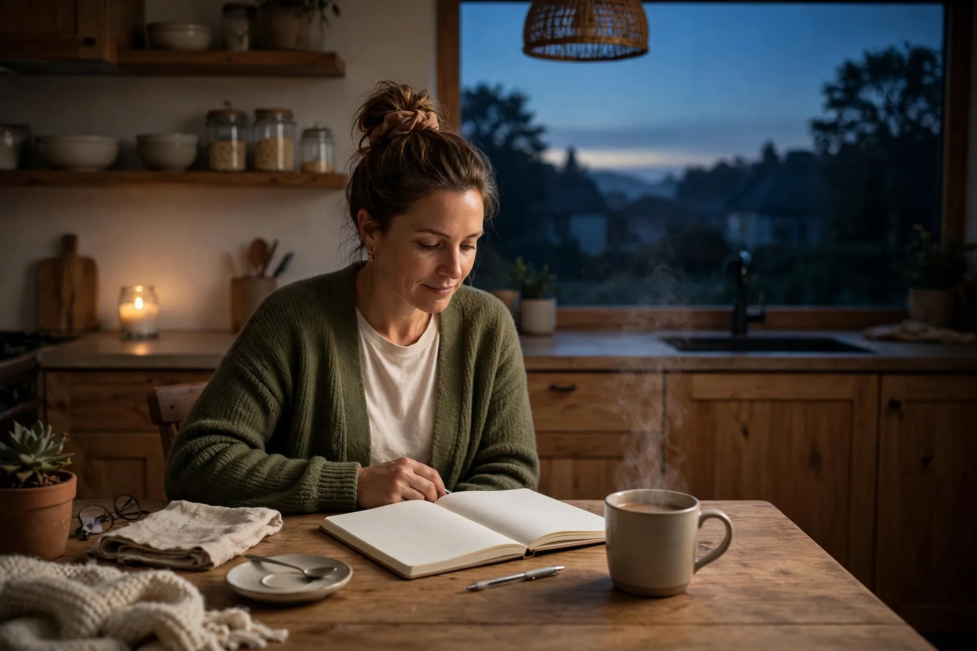 A mom sitting alone at a kitchen table with a mug of coffee before sunrise