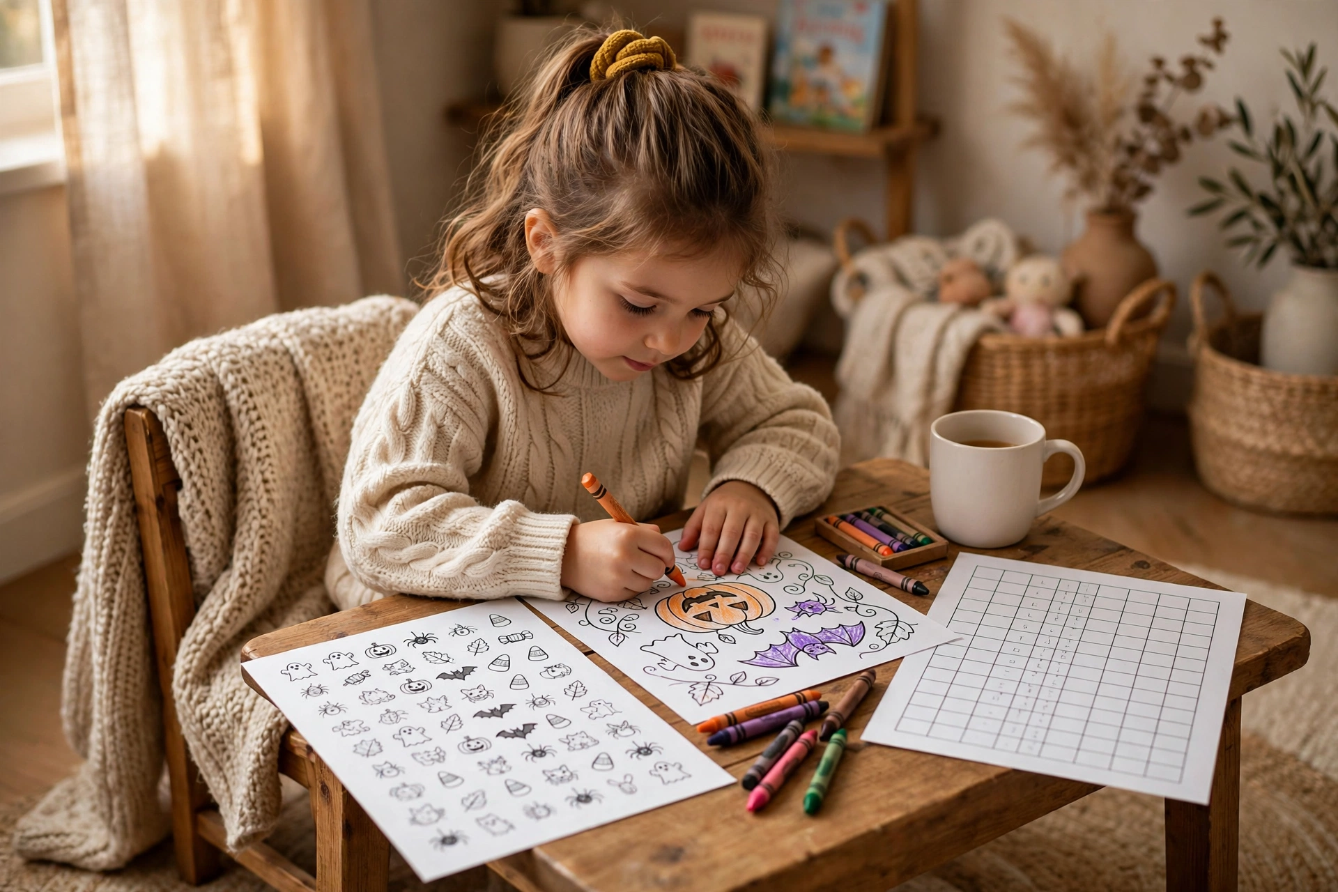 Child coloring Halloween printable pages in a cozy quiet-time corner