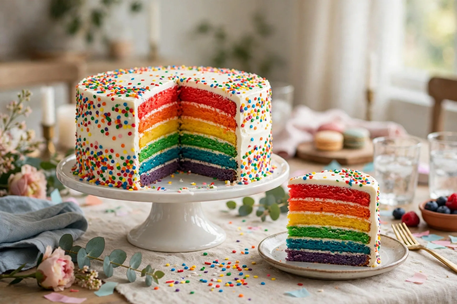 Rainbow layer cake with the first slice cut showing bright rainbow layers inside