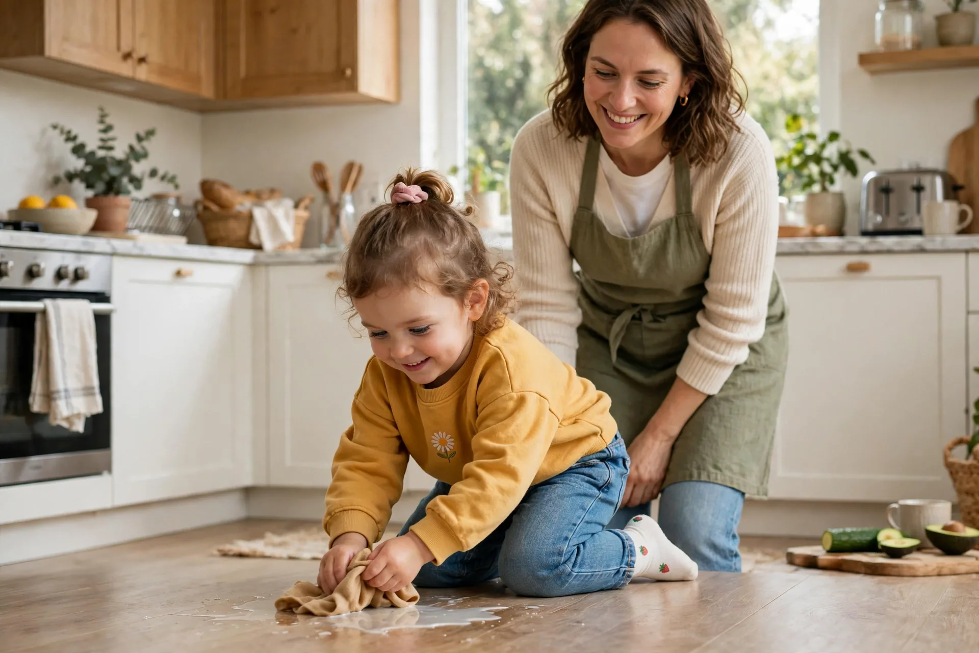 A proud toddler wiping a spill with her own little cloth on the kitchen floor