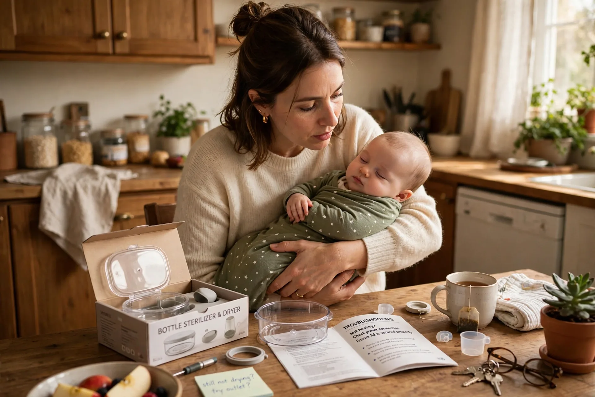A mom holding a baby while looking at a product that solves a real everyday problem