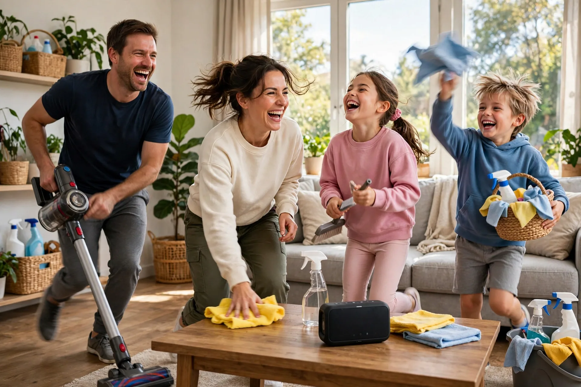 A family cleaning a living room together with music playing from a phone speaker