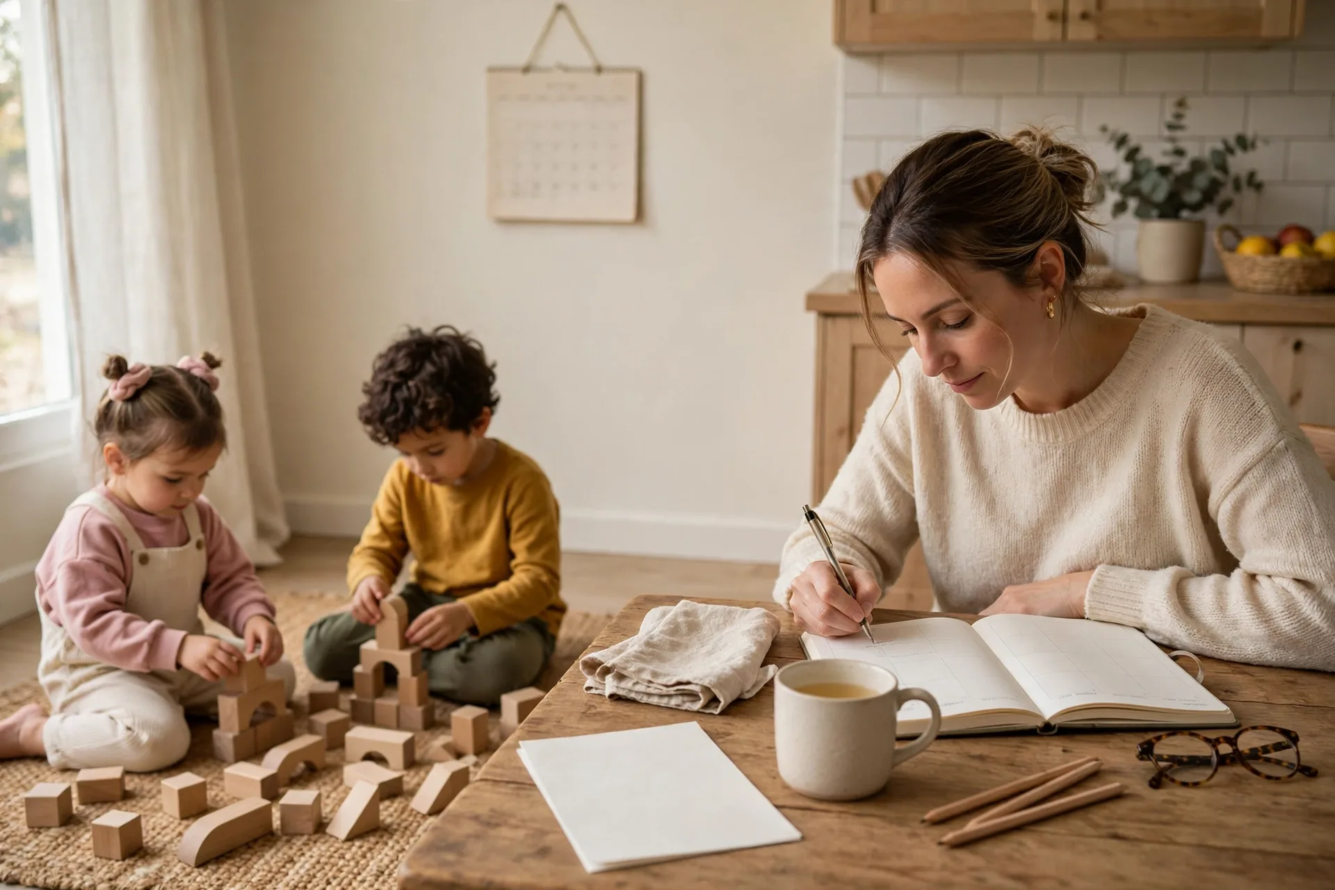 Mom writing in a weekly planner at the kitchen table during a Sunday reset while her kids play nearby