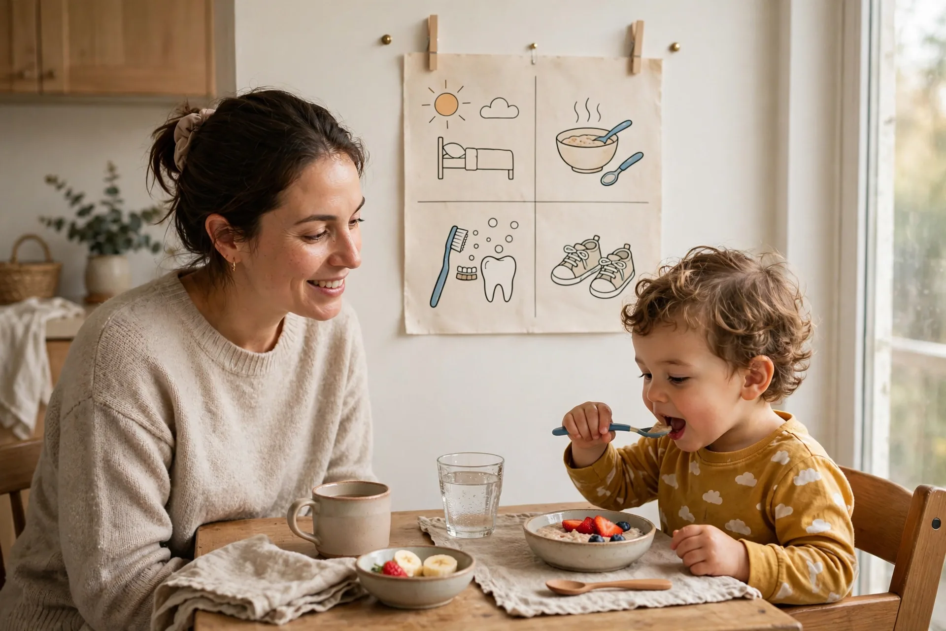 Mom and toddler eating breakfast together at a small table with a picture routine chart on the wall