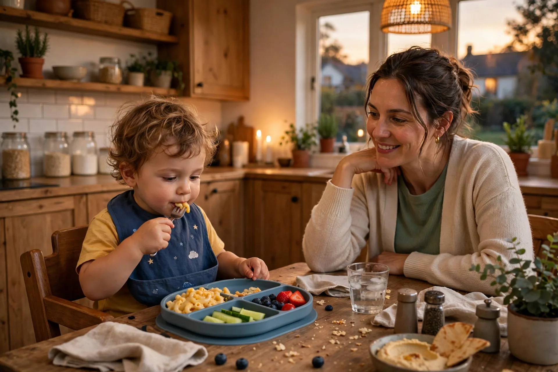 A toddler eating from a divided plate at the family dinner table