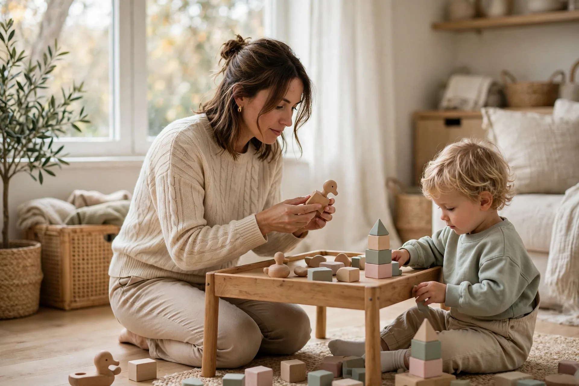 Mom checking over a wooden toy in her hands while her toddler plays with soft blocks nearby