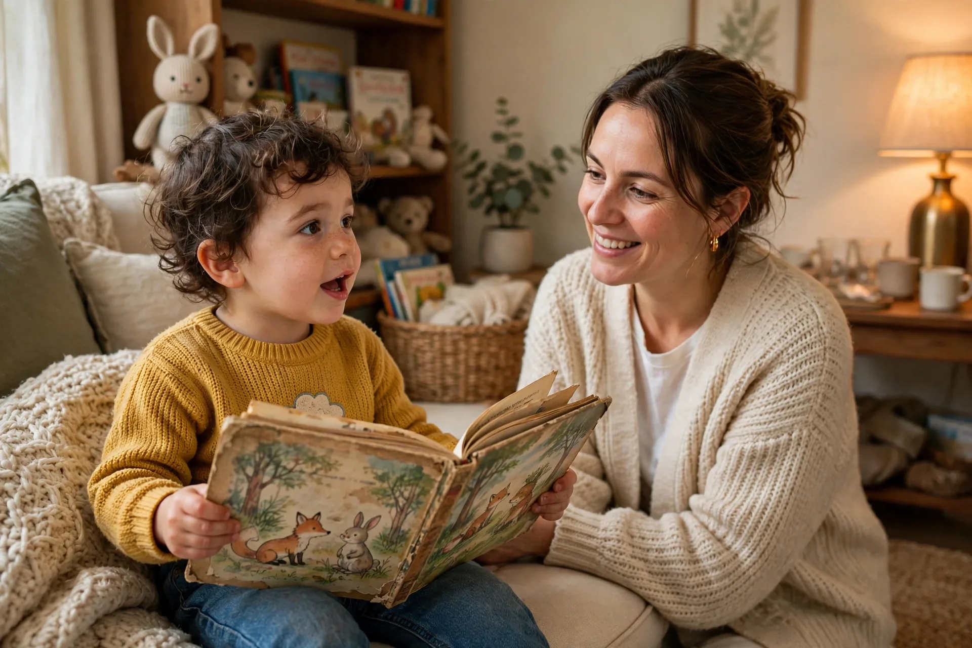 A toddler reciting her favorite worn picture book from memory to her mom