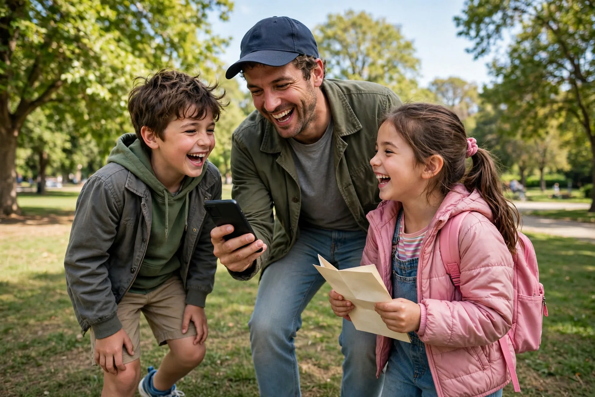 A dad and two kids on a photo scavenger hunt in a park, holding a phone and a paper list