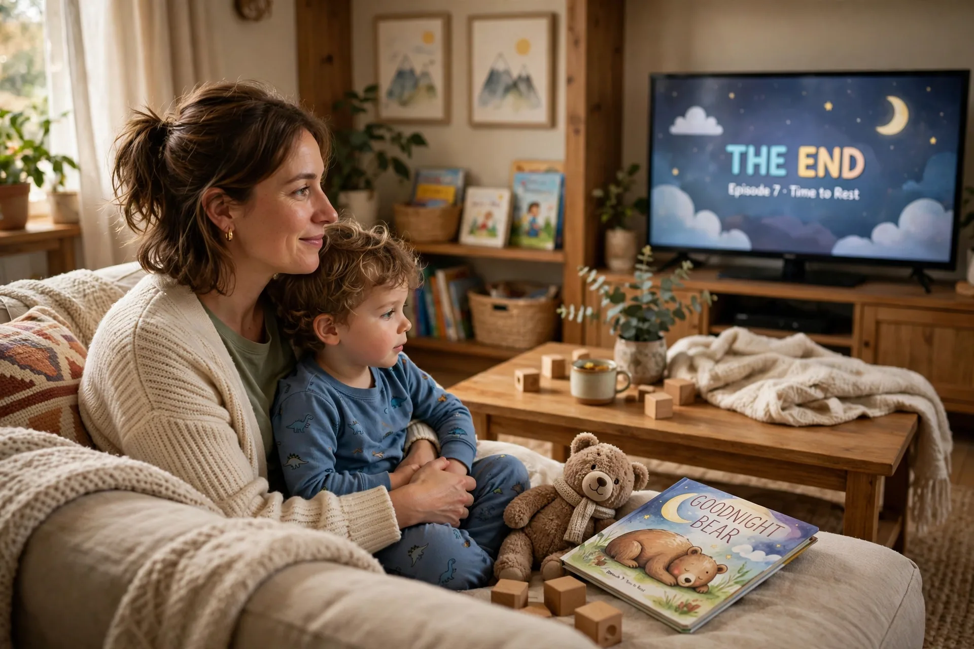 Mom and toddler watching one short show together on the couch
