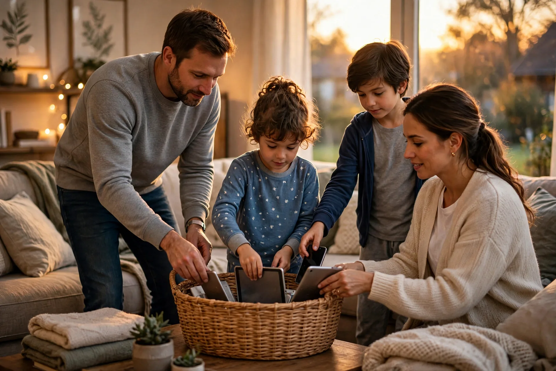 A family putting tablets and phones away in a basket one hour before bed