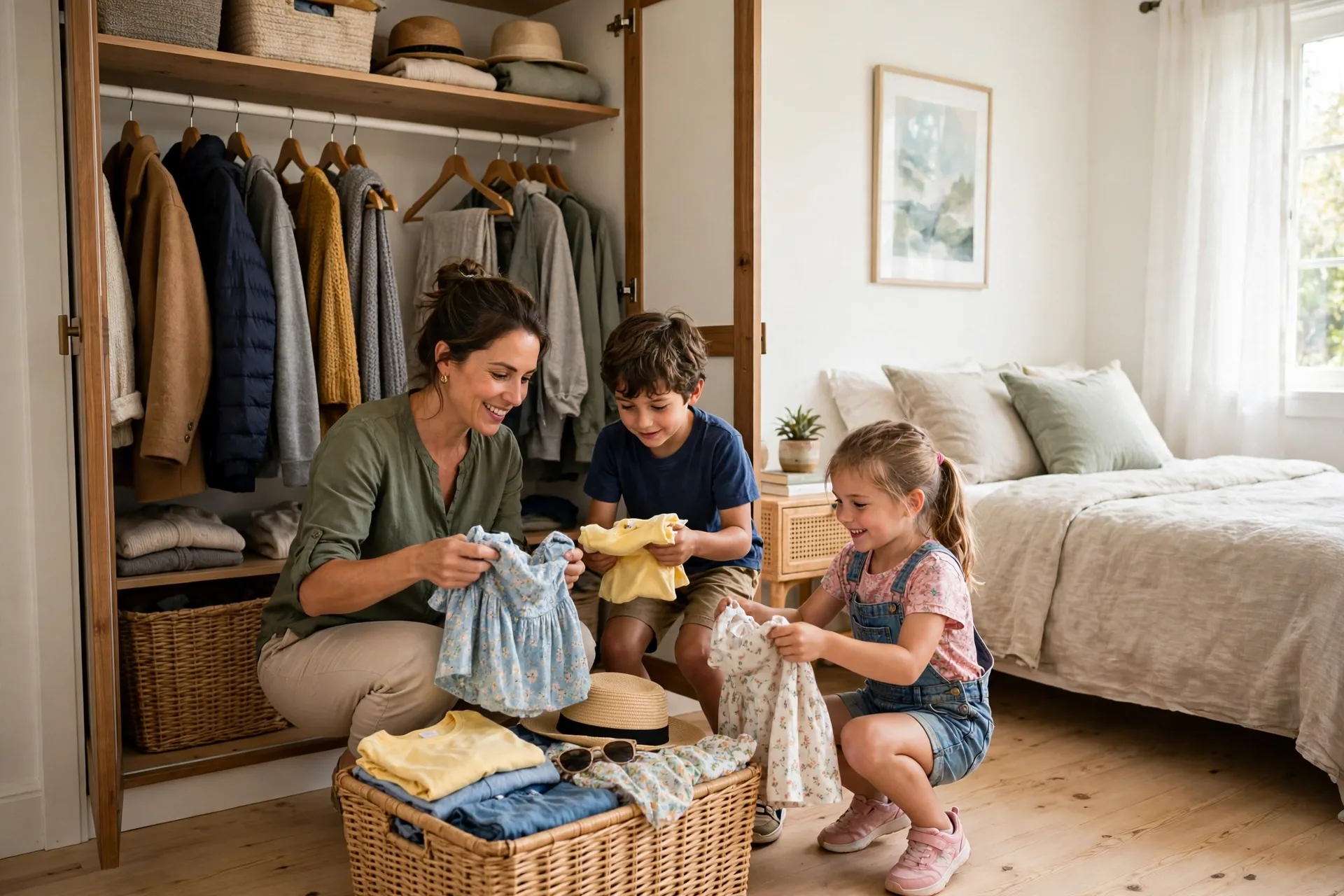 A mom and two kids swapping seasonal clothes in a closet