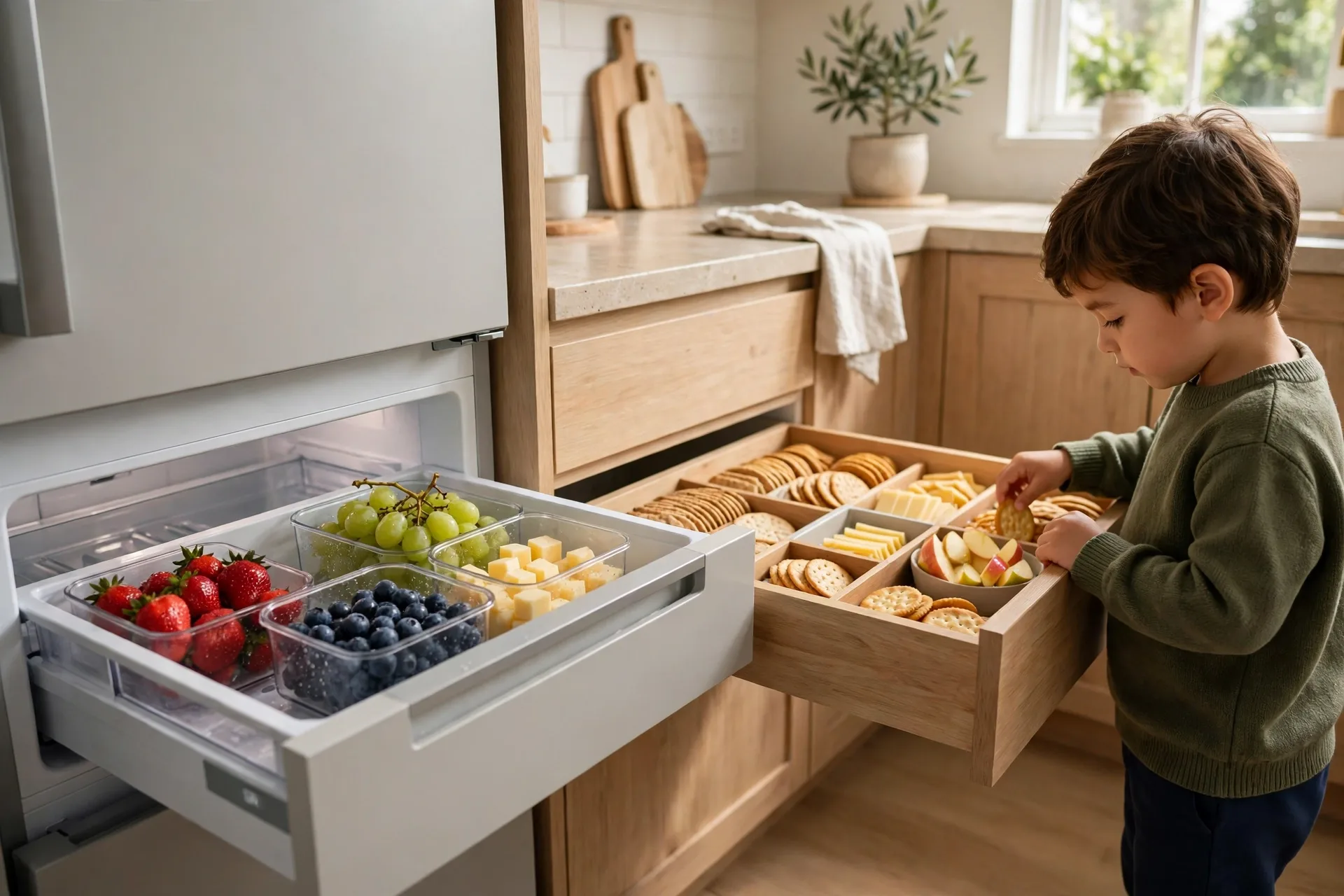 A low fridge shelf stocked as a kids self-serve snack zone with washed fruit, cheese and crackers