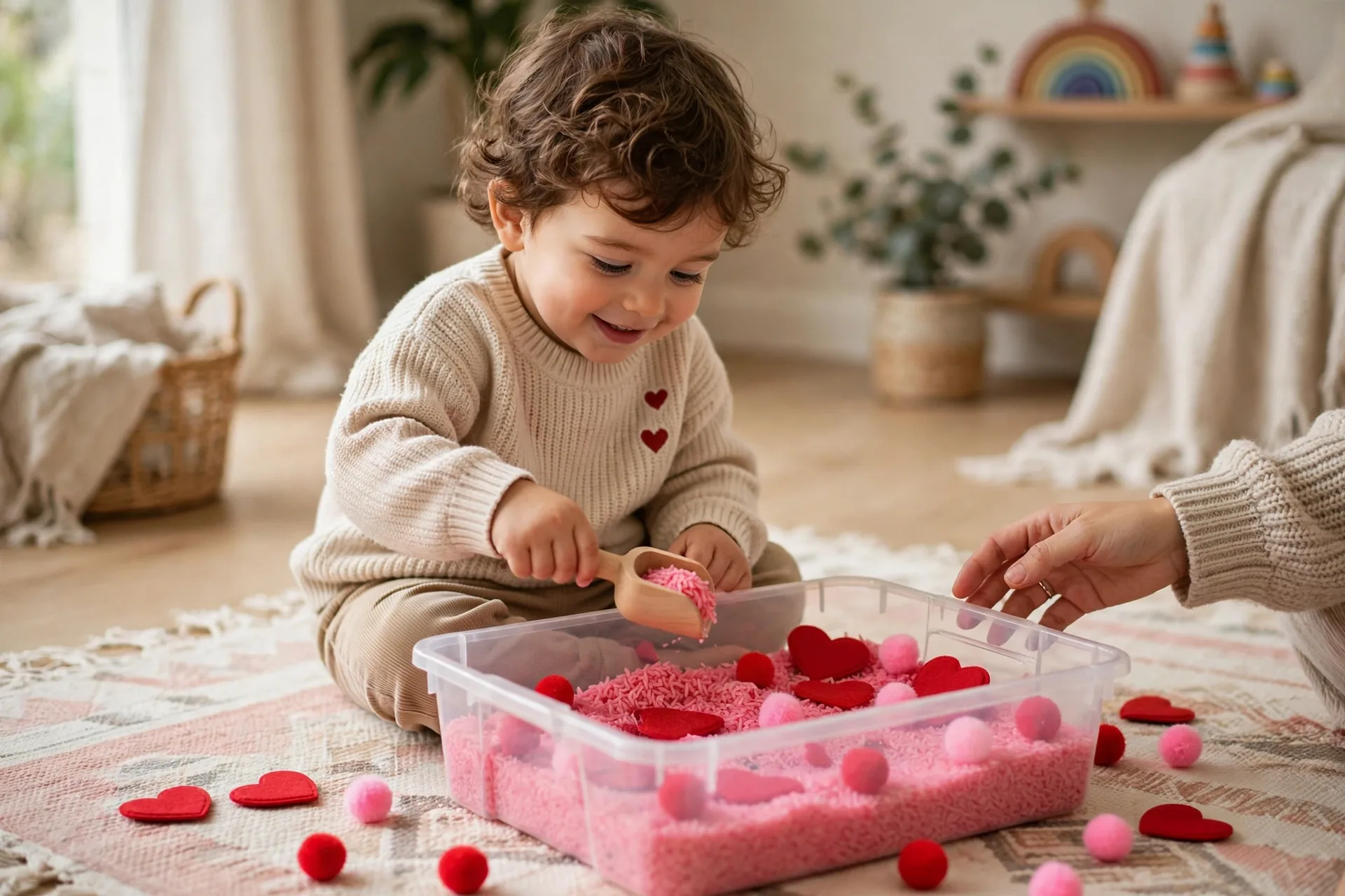 Toddler scooping pink dyed rice and foam hearts in a valentine sensory bin
