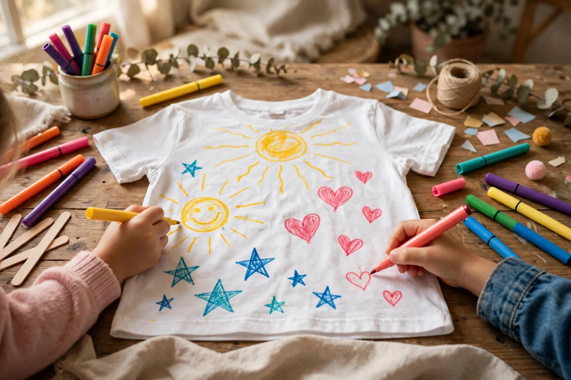 Kids decorating a plain white T-shirt for Dad with colorful fabric markers on a craft table