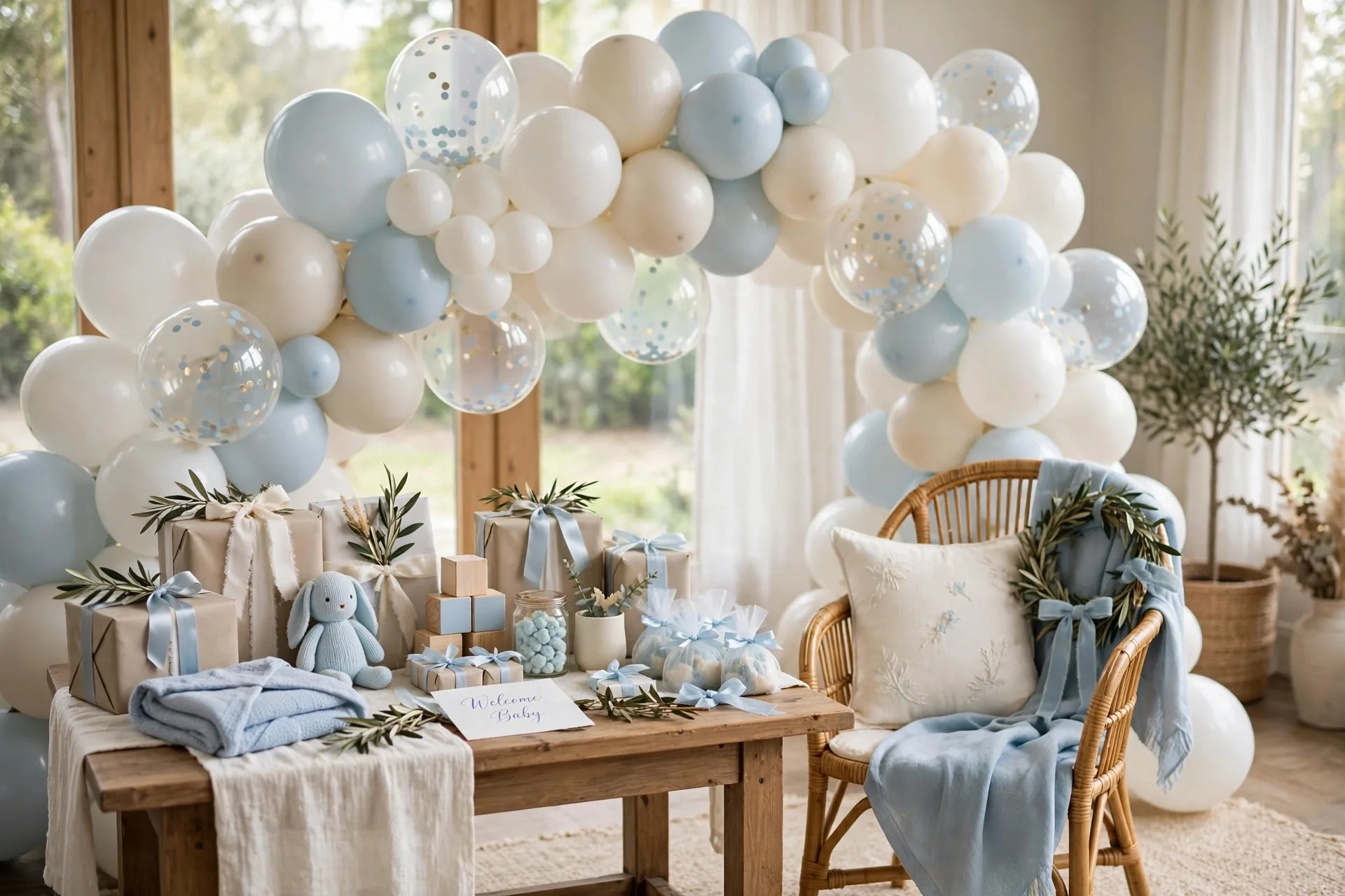 White ivory and baby blue balloon arch behind a baby shower gift table