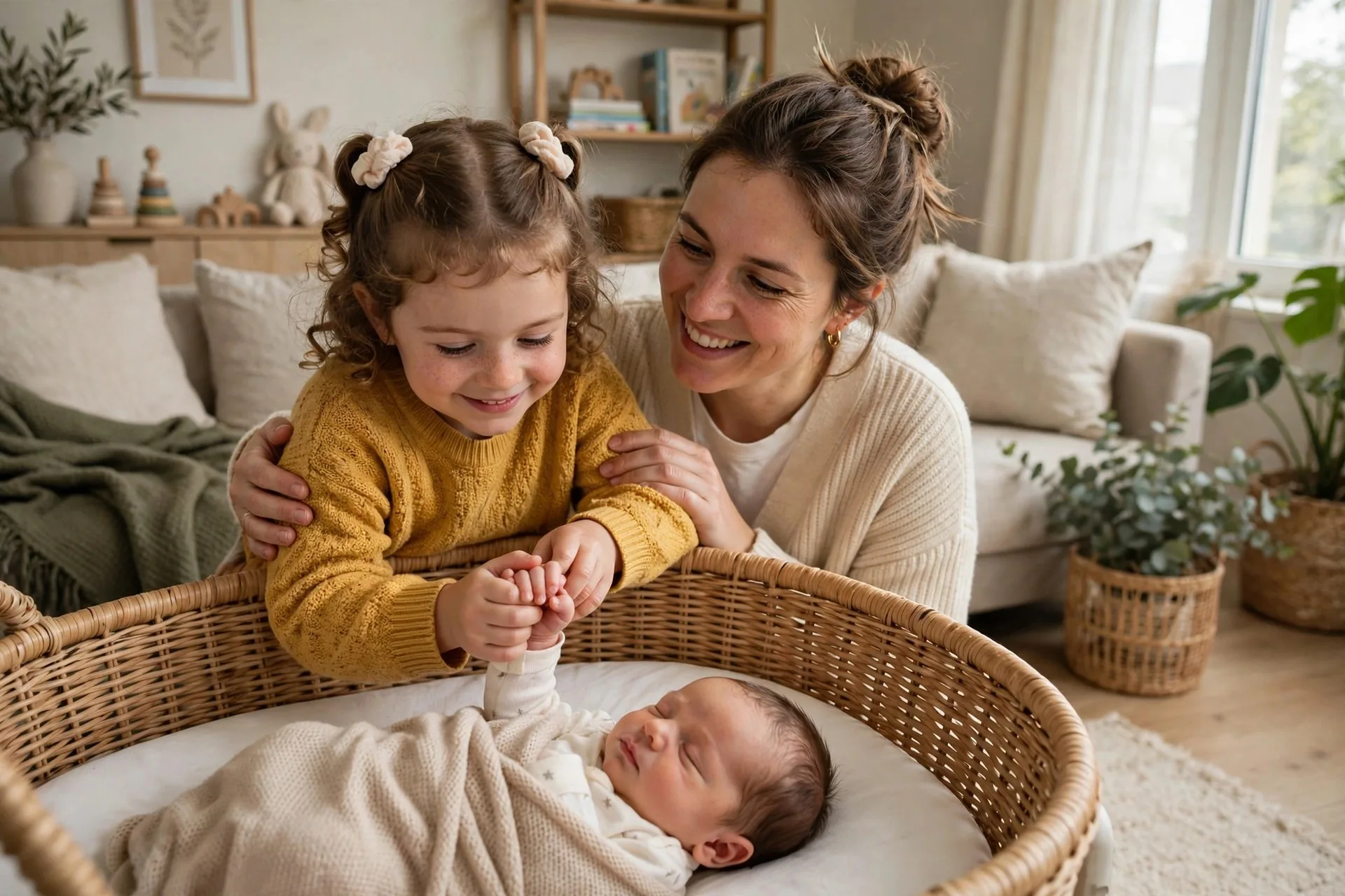 Big sister gently holding her newborn baby brother hand in a bassinet with mom beside them
