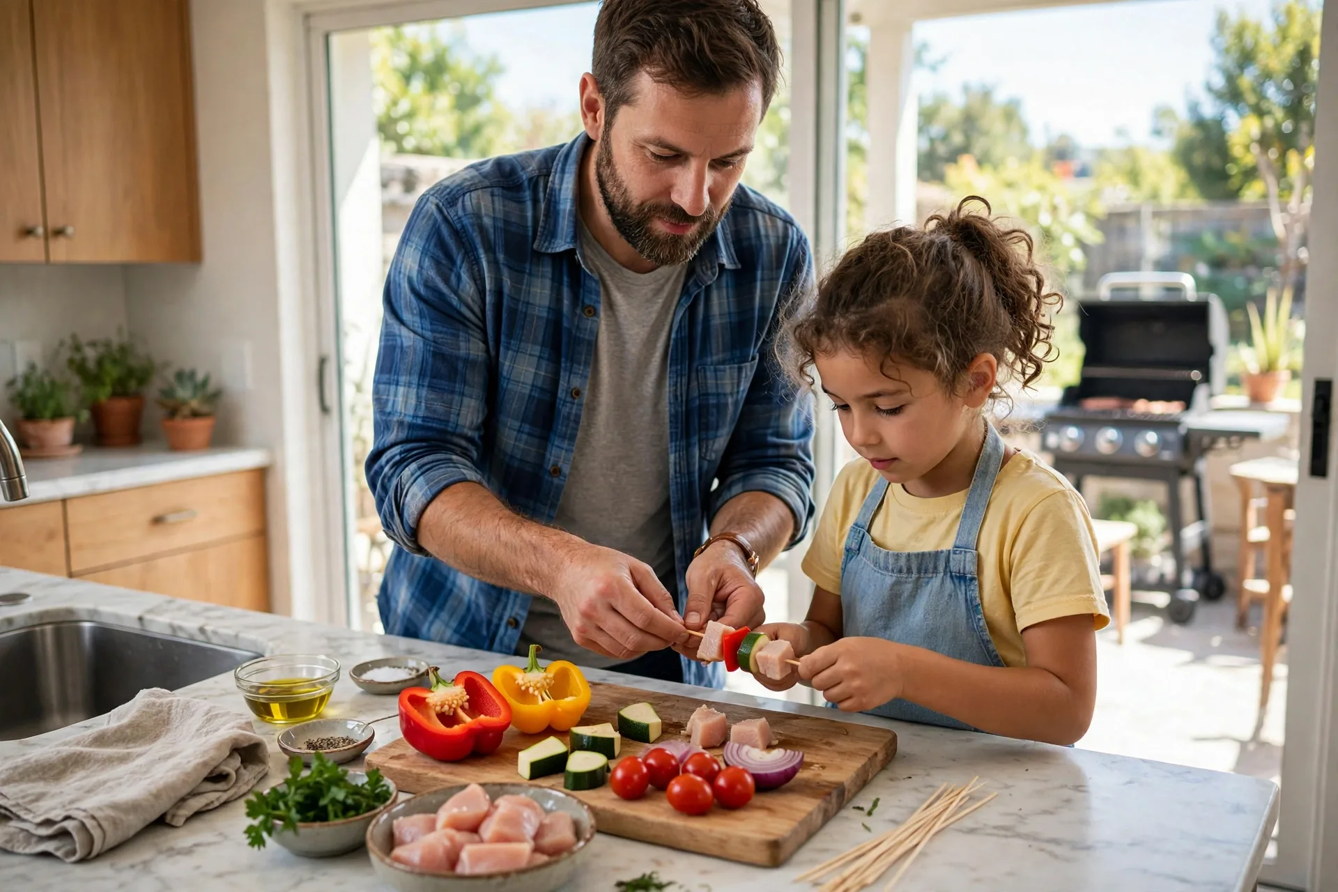 A child threading colorful vegetables onto wooden skewers at a kitchen counter with Dad guiding