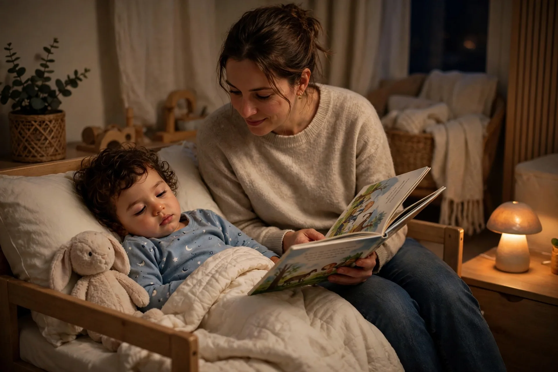 Mom reading a bedtime story to her sleepy toddler in pajamas in a cozy dim bedroom