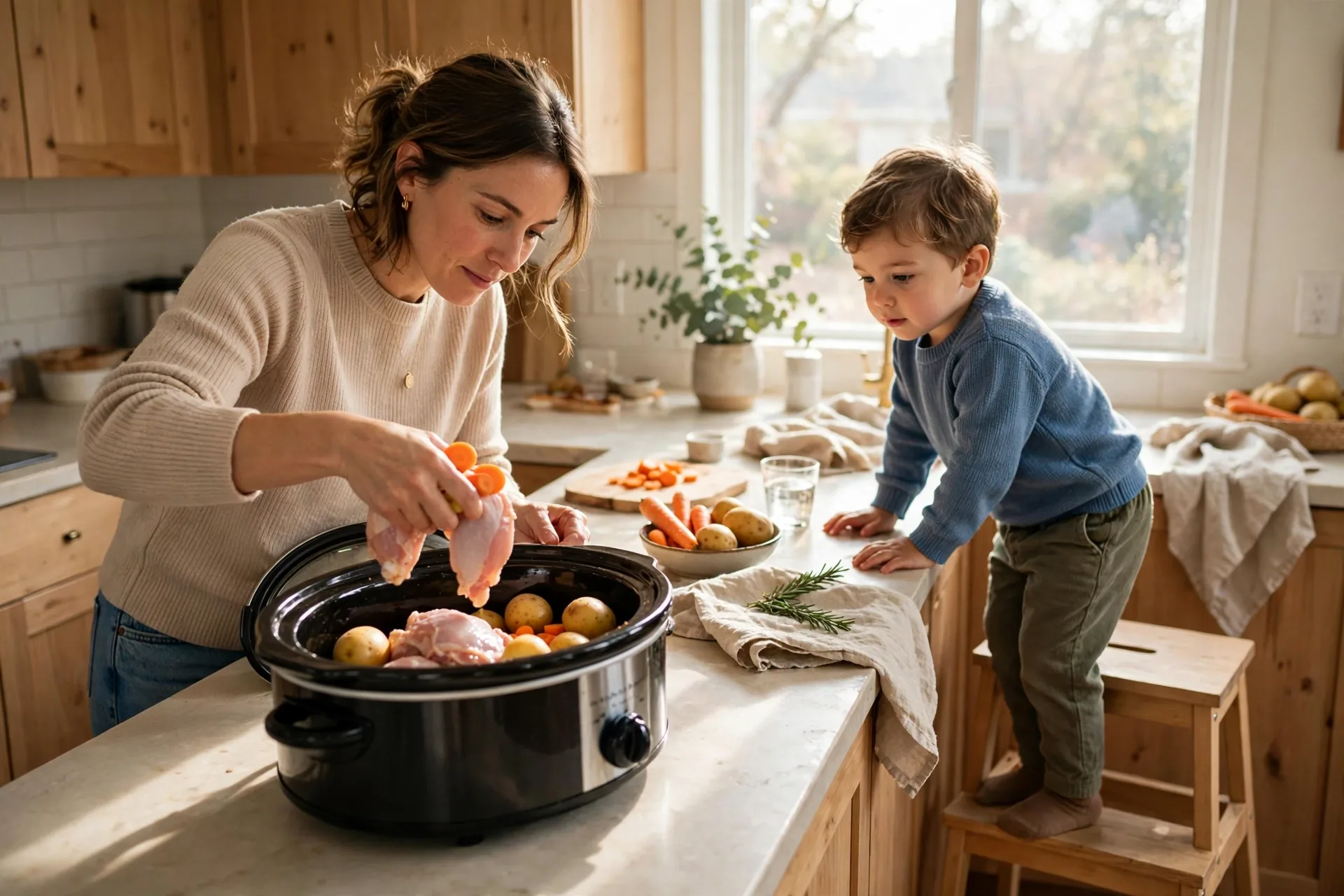 Mom adding chicken and vegetables to a slow cooker in the morning while her toddler watches