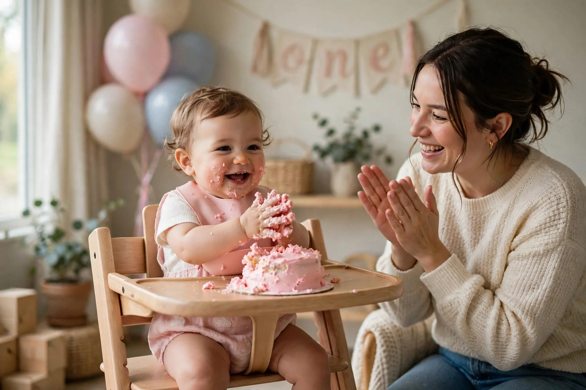 Baby in a high chair enjoying a small pink smash cake at a first birthday