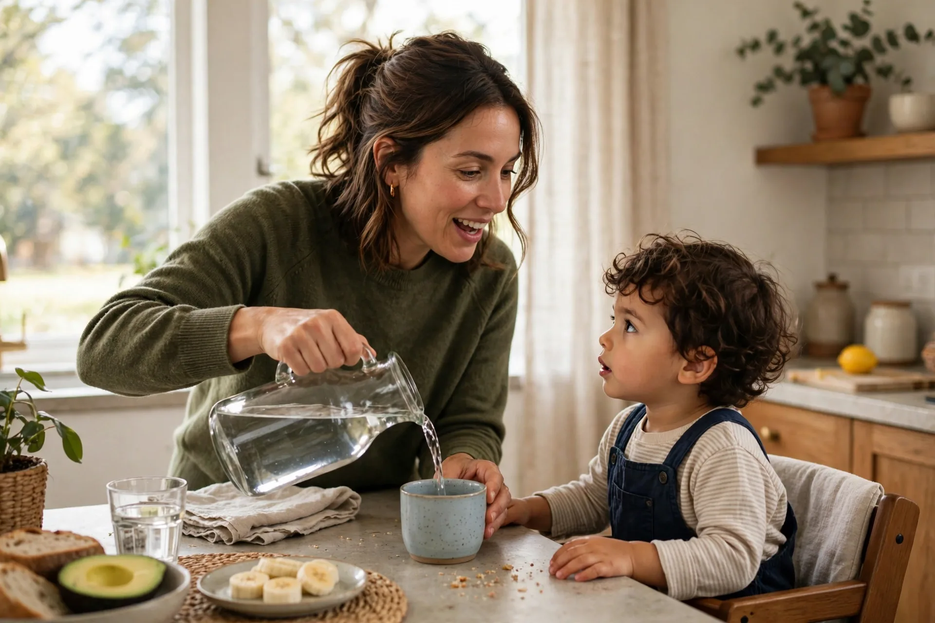 Mom pouring water at the kitchen counter while narrating her day to her toddler