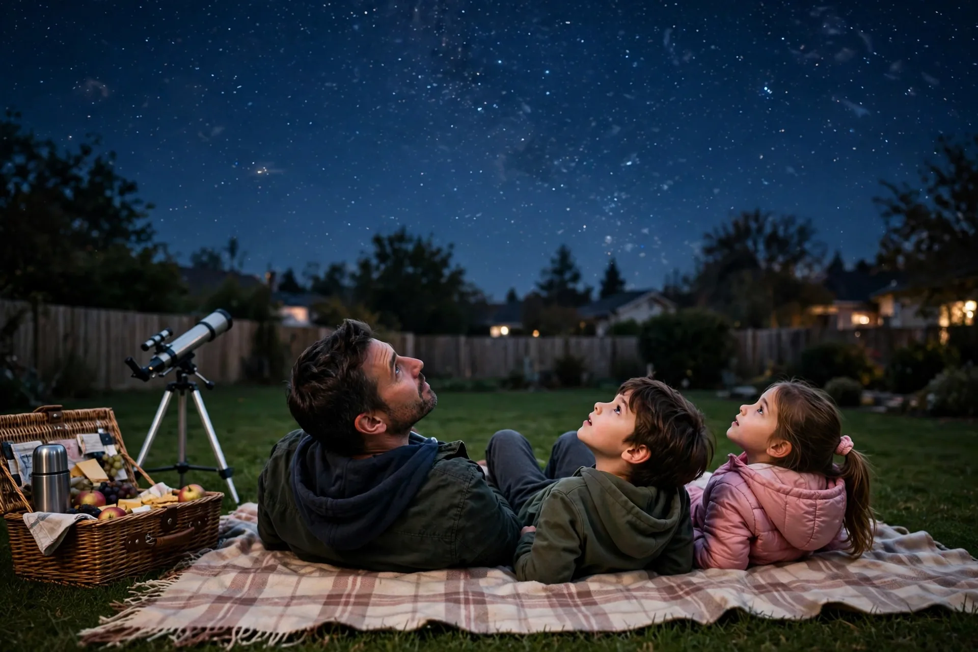 A dad and two kids lying on a blanket in a backyard at night looking up at the stars