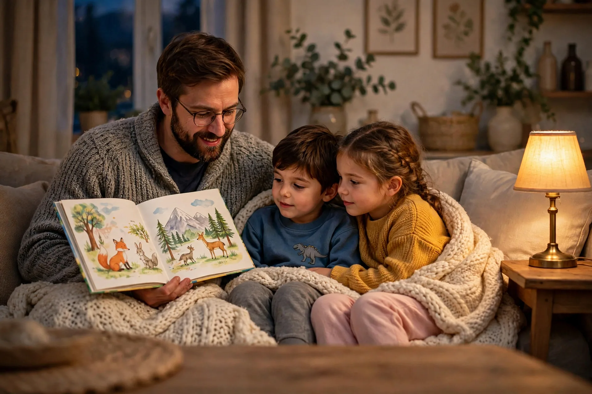 A dad reading a picture book aloud to two kids snuggled on a couch, a small lamp glowing