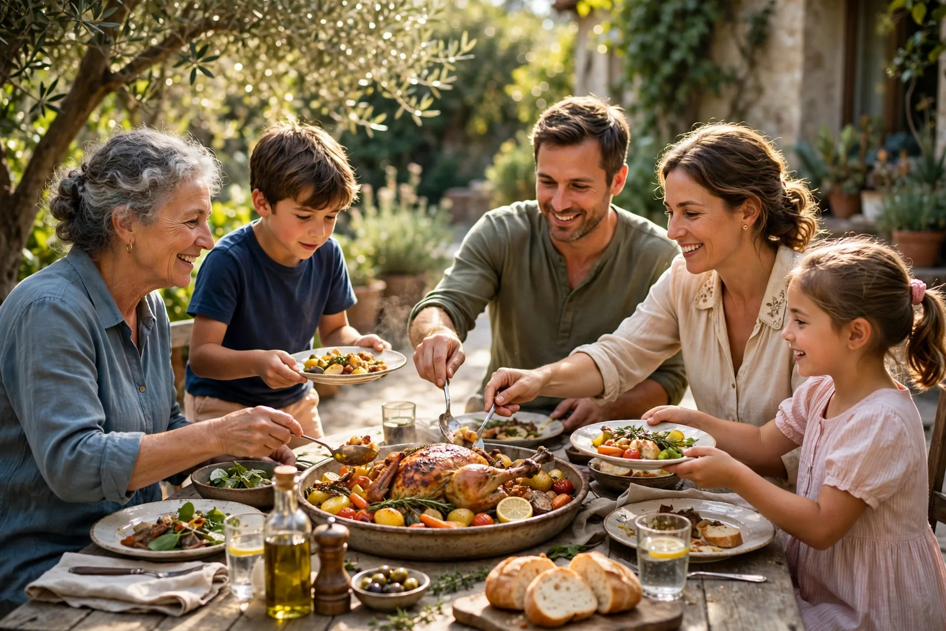 A family Sunday lunch at a table with a big shared dish in the middle
