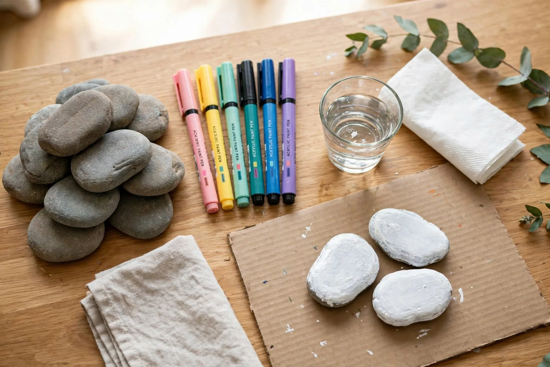 Rock painting supplies on a table: smooth flat river rocks, acrylic paint pens, and rocks with a white base coat drying