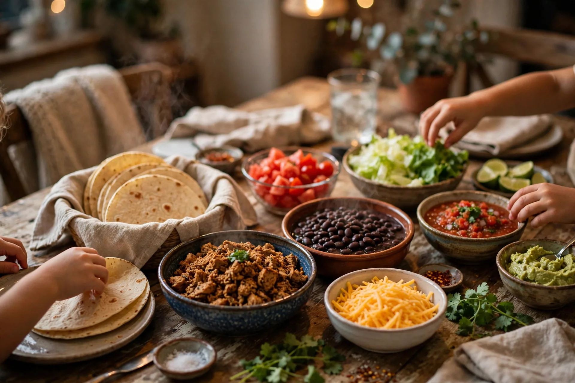Family taco night table with tortillas, seasoned turkey, beans, cheese and toppings in bowls