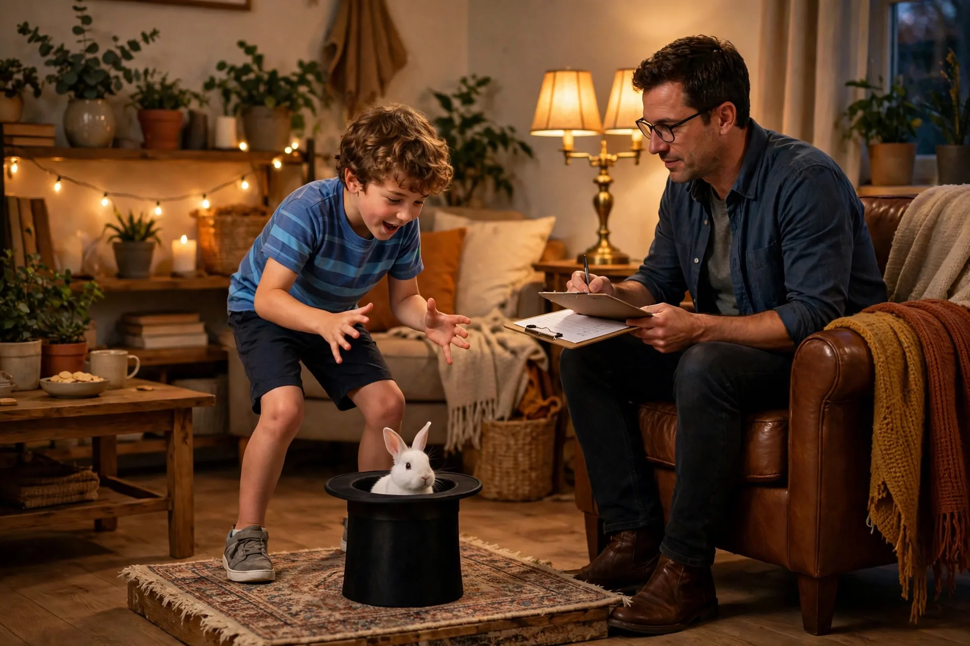 A child performing a magic trick on a small rug stage, Dad sitting as the judge with a scorecard