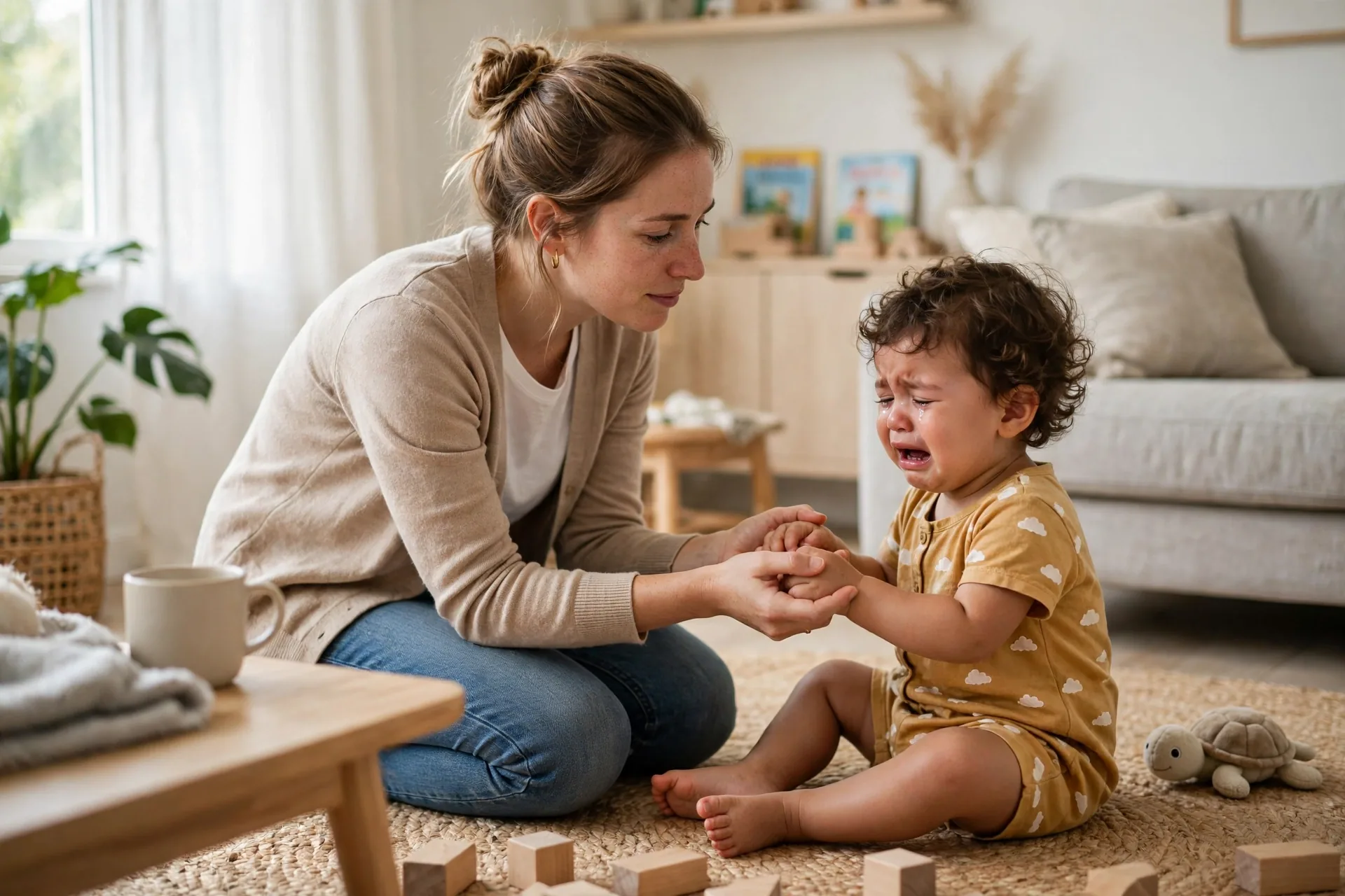 Mom kneeling at eye level holding her crying toddler's hands in the living room