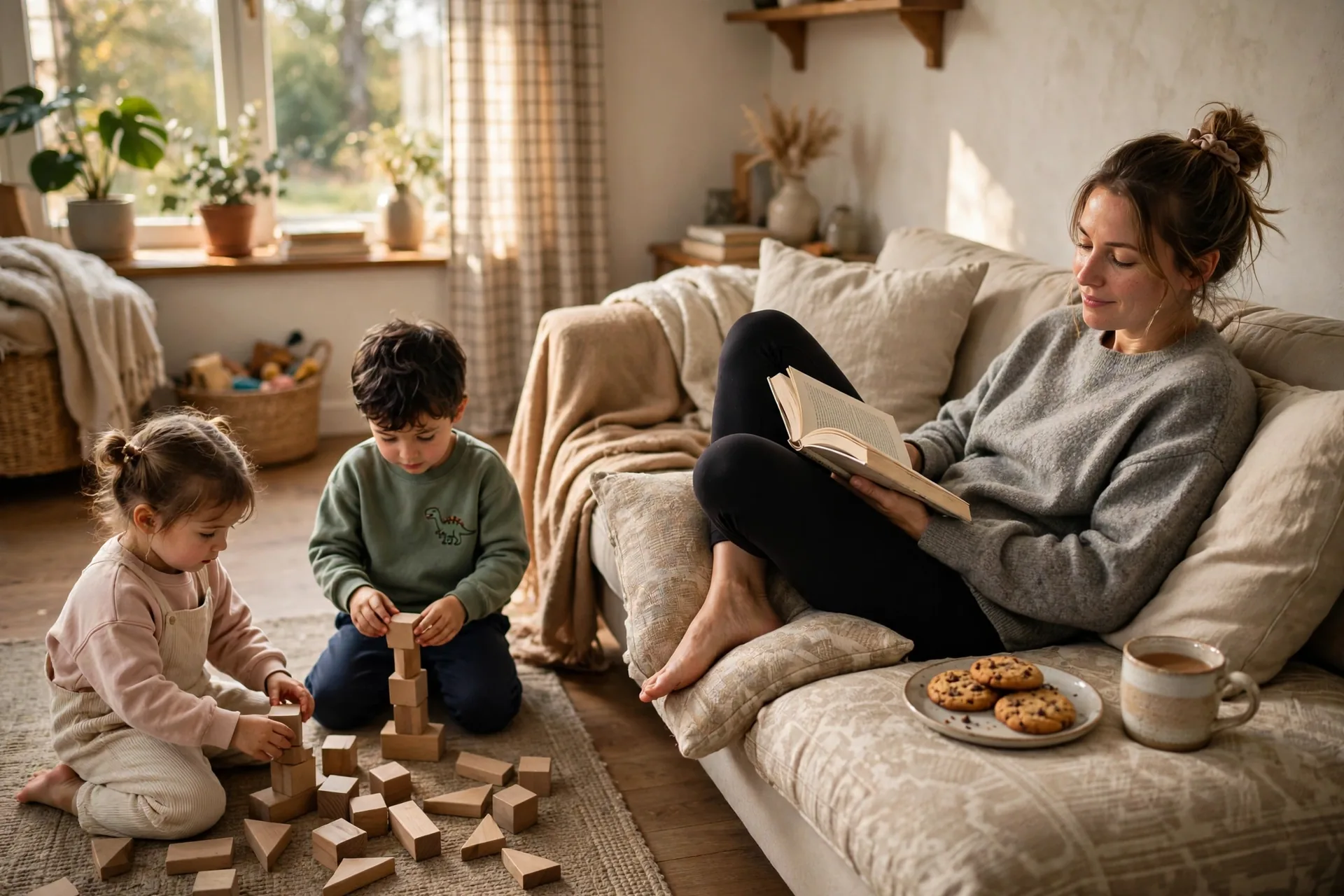 Mom relaxing on a couch with a mug of tea and a book while her two young kids play quietly with wooden blocks nearby