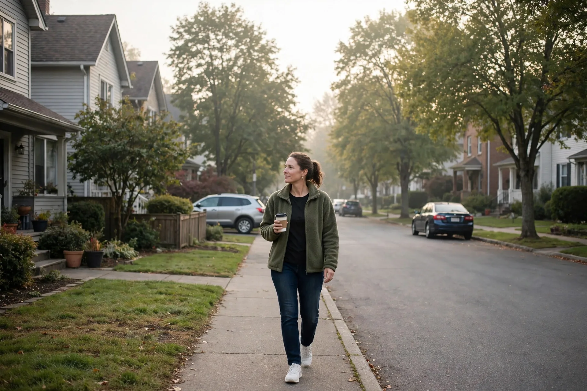 A mom walking alone around the block with a coffee, ten quiet minutes to herself