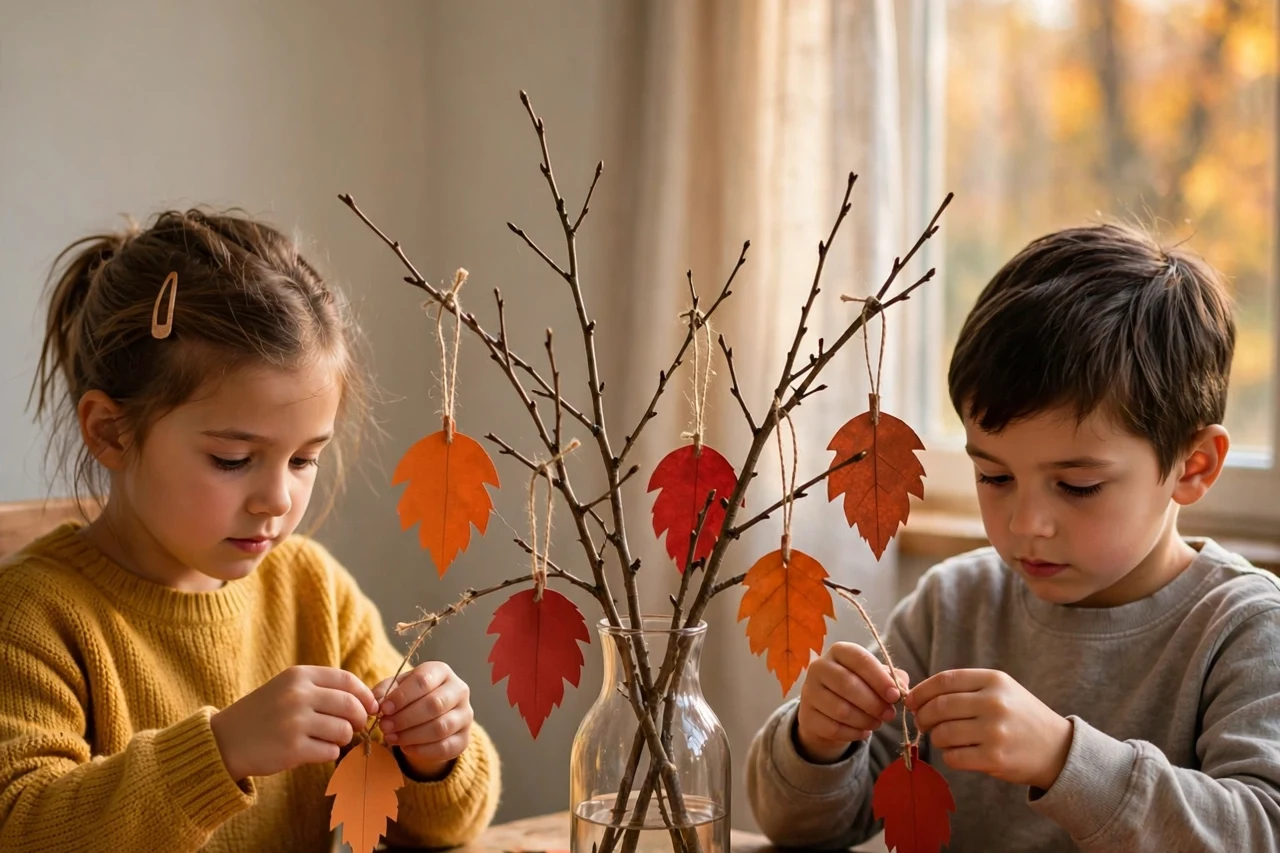 Kids hanging paper gratitude leaves on a thankful tree