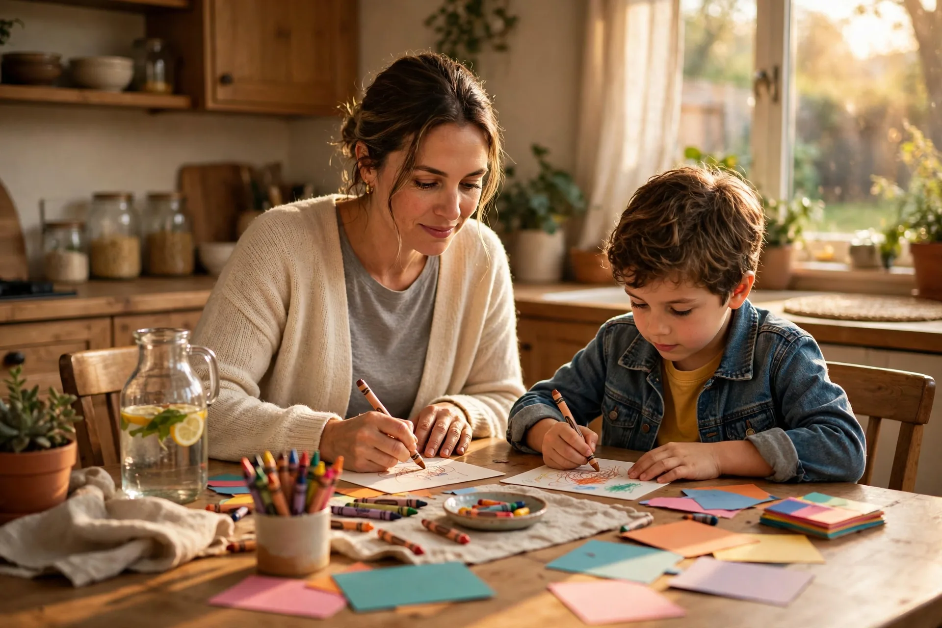 A mom and a child writing thank-you notes at a kitchen table with colorful cards and crayons